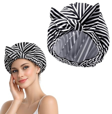 Waterproof Shower Cap with Enlarged Bow for Women and Men – Adjustable Elastic Fit Reusable Bath Hat for Long Curly Hair Travel Sleep Use Lightweight Striped or Black Dots Design (Black White Stripes)