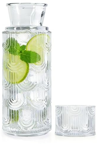 BUERPINKING Nachttisch Wasserkaraffe Set mit Becher Glas, Wasserkaraffe mit Deckel Set, Mundwasser Flasche Karaffe, Wasserkaraffe Glas mit Einem Muster für Getränke Eistee Milch Kaffee (Clear)