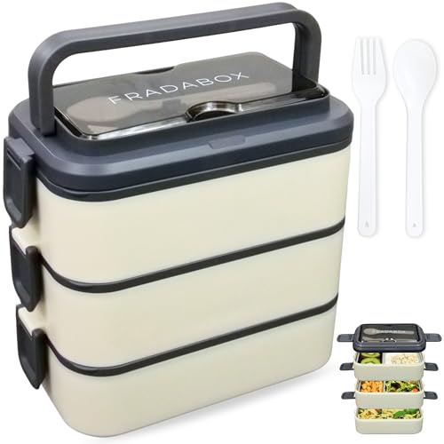 FRADABOX® Bento Lunchbox „Jamie“ 2700ml, 3 Etagen mit Besteck und Fächern, Premium Edelstahl Dose, BPA-freie Brotdose groß, Meal Prep Bento Box für Erwachsene auslaufsicher und mikrowellengeeignet