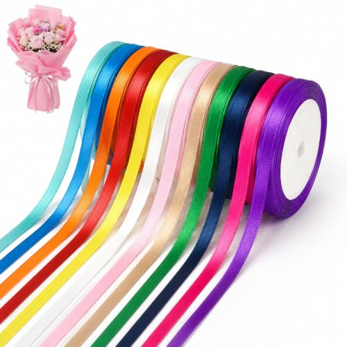 zoshilife 12 Farben Geschenkband Satinband, Seidenband 6mm x 22m Dekoband | Polyester Seidenband für Geschenke, Hochzeit und Deko. Leicht zu schneiden, ideal als Schleifenband zum Basteln und Verzieren