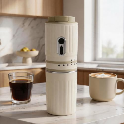 Mocoli Machine à Expresso Portable, Cafetière de Voyage Électrique Blanche Moulin à Café Électrique avec Broyage Automatique et Filtre en Acier Inoxydable pour la Randonnée le Camping