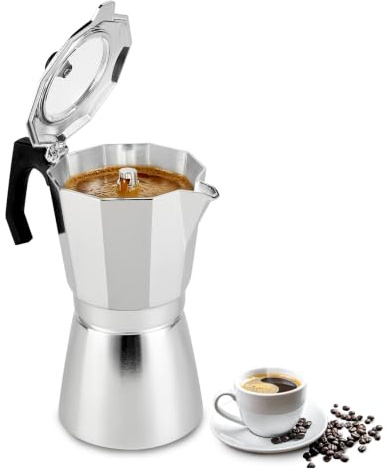 FLOVIA COOK BY NATURE Cafetera Italiana de Aluminio 9 Tazas (450ml) | Tapa Transparente, Pico Vertedor Antigoteo, Mango Resistente al Calor, Válvula de Alivio de Presión