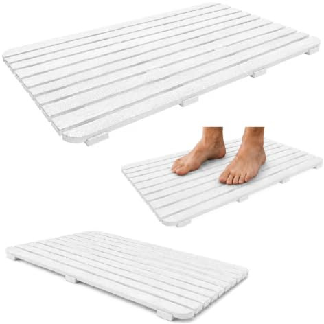 Crisalide® Pedana Doccia Woody in PP Effetto Legno 80x50x2,5 cm, Pedana Rettangolare Antiscivolo Drenante Waterproof, con Piedini in Gomma, Bianca