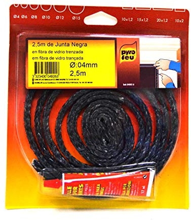 PYRO FEU Junta refractaria 4mm x 2,5 Metros + Tubo Pegamento, Fibra de vídrio, Negra, estandar