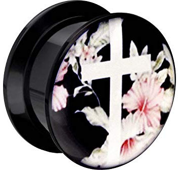 PIERCINGLINE Acryl Plug schwarz KREUZ BLÜTEN MOTIV Piercing Ohr Tunnel 16 mm