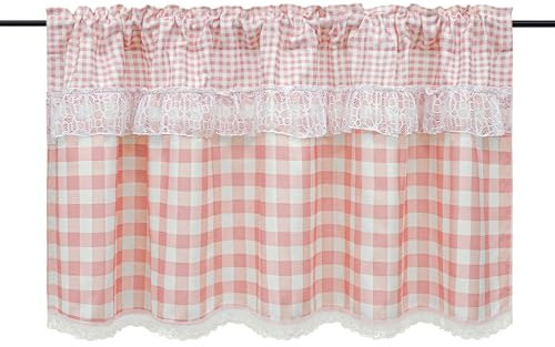 HongYa Karierte Küche Gardine Scheibengardine Tunnelzug Bistrogardine mit Spitze Rosa H/B 120/180 cm