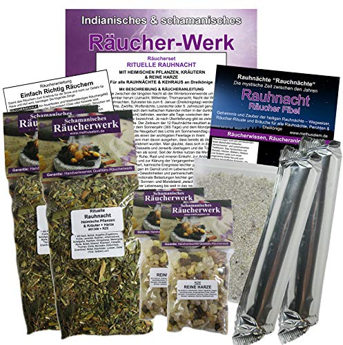 Rituelle RAUHNACHT 10-TLG Räucherset zum AUSRÄUCHERN für RAUHNÄCHTE und DREIKÖNIGE. HEIMISCHE KRÄUTER & HARZE WEIHRAUCH, MYRRHE UVM. 4X Räuchermischung. 6X ZUBEHÖR mit Rauhnachtfibel. 81308 RZE-X4