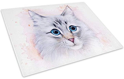 Blue Grey Watercolour Cat Glass Chopping Board Kitchen Worktop Saver Protector