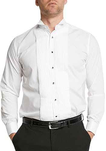 Men's White Dress Shirt Stitch Pleat Front Formal Double Cuff Wing Collar Tuxedo Shirt (as8, Neck, 17, Regular, Regular)