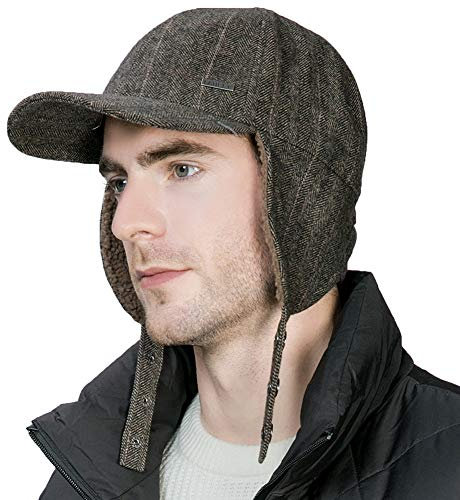 Jeff & Aimy Herringbone Tweed Wolle Herren Wintermütze Damen Baseball Cap mit Fleece Ohrenklappen Muffs Warm Gefüttert Trapper Jagd Ski Chavo Del Kaltes Wetter Hut 56-58 cm Braun