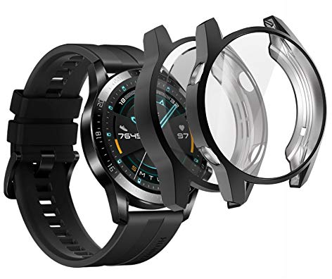 sciuU Funda Compatible con Huawei GT 2 (46mm, Lanzado en 2019), [Conjunto de 2] Carcasa Protectora con Protector de Pantalla de TPU, Flexible TPU Cubierta, Resistente a los Golpes Shell - Negro * 2