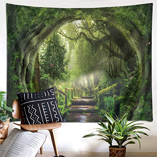 LB Grüner Wald Wandteppich 235x180cm Holzbrücke,Bäume im Dschungel Wandbehang Tapisserie für Wohnzimmer Schlafzimmer Wohnheim Wand Dekor,Party Hintergrund