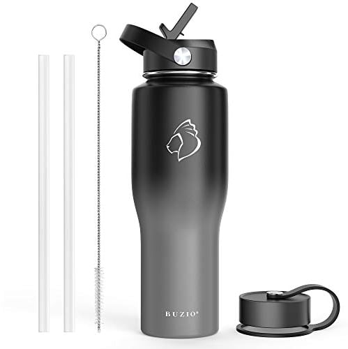 BUZIO Insulated Water Bottle with Straw 32oz Travel Mug Insulated Tumbler with Straw and Lid Travel Flask Cold for 48 Hrs Hot for 24 Hrs Fit in Any Car Cup Holder, Black&Grey