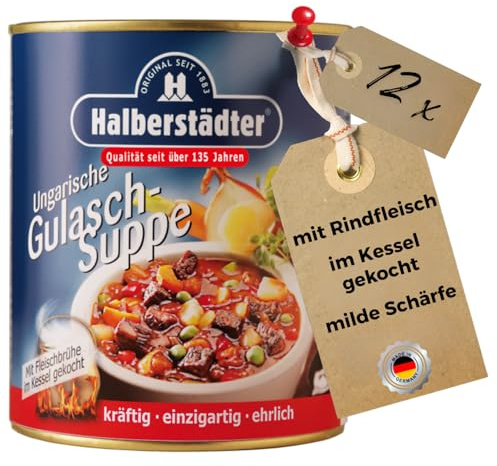 Halberstädter Ungarische Gulaschsuppe 12x 800 ml – Vorratspackung - kräftige Gulaschsuppe aus Rindfleisch & Gewürzen – im Kessel gekocht für herzhaften Genuss milde Schärfe – Halberstädter Qualität