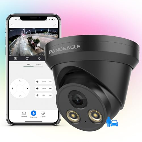 PANOEAGLE Telecamera POE a colori da 8 MP, telecamera IP a torretta esterna con microfono, telecamere di sicurezza 4K AI rilevamento uomo/veicolo, visione notturna 90 piedi impermeabile IP67