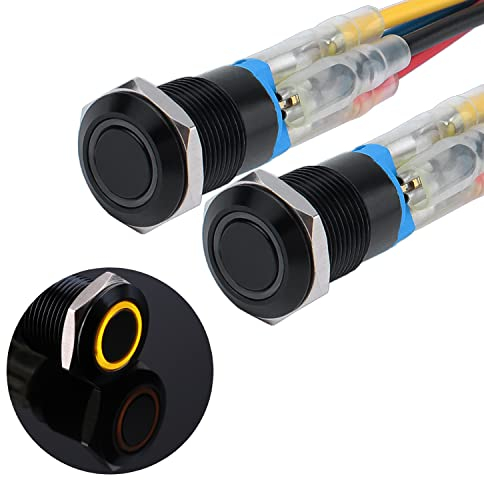 JIQI 2 × 12 mm Interrupteur à bouton-poussoir en métal à verrouillage 12 V à 24 V 2 A IP66 1NO Étanche Noir Interrupteur d'alimentation LED éclairé pour moto bateau RV (jaune)