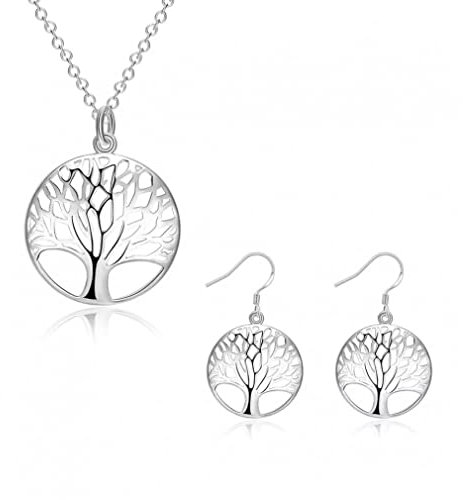 ZHUDJ Tree Necklace Earring set 925 Sterling Silver Tree of Life Pendant Necklace and Earrings Jewelry Set
