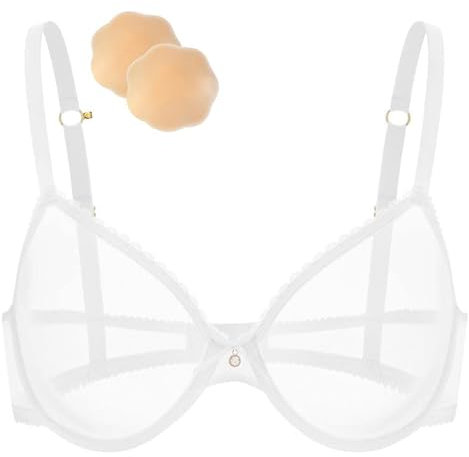 Wingslove Soutien-Gorge Transparentavec Armature Sexy Sein Nu Dentelle avec 1 Paire AdhéSif Cache-TéTons(Blanc,95E)