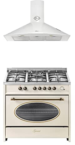 GURARI Set de cuisinière GCH E 914 Cr r + GCH C 046 WH 9 Rétro Induction 90 cm Range Coocker 121 L Crème + Hotte Murale 90 cm Blanc Hotte aspirante 1000 m3/h
