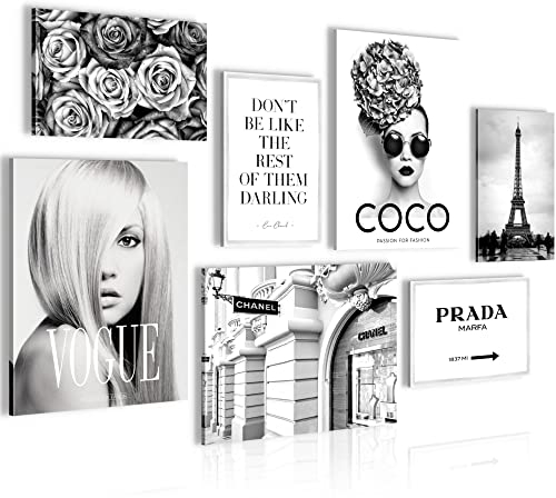 Novart Wandbilder Fashion Coco - KOMPLETT AUFHÄNGFERTIG - Schwarz Weiss Wohnzimmer Mädchen Teenager - 7 Moderne Mood-Bilder - N009071a