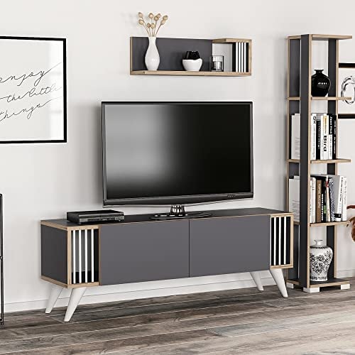 [en.casa] Ensemble Meuble TV de Salon avec Étagère Murale Support à 2 Portes Banc Télé avec Espace de Rangement Panneau de Particules Plastique 42 x 120 x 31 cm Anthracite Effet Bois