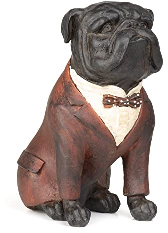 Moritz Deko-Figur Mops Hund im roten Anzug mit Fliege Sitz aus Polyresin Dekorations Idee Standdeko Tierwelt Statue Haustier Skulptur