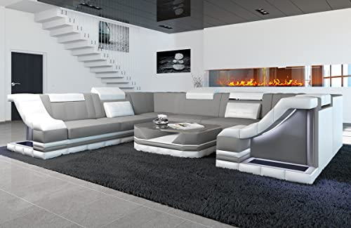 Sofa Dreams Stoff Wohnlandschaft Bianchi - mit LED Beleuchtung, verstellbare Kopfstützen, Mikrofaser/Ausrichtung wählbar (Lange Seite Links, Weiss-Hellgrau)