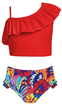 Arshiner Bikini para Niñas Tankini Traje de Baño con Estampado Floral para Niños Traje de Baño de Playa Hawaiano de Dos Piezas Traje de Baño Piscina Deportes Acuáticos Traje de Baño Rojo 6-7 Años