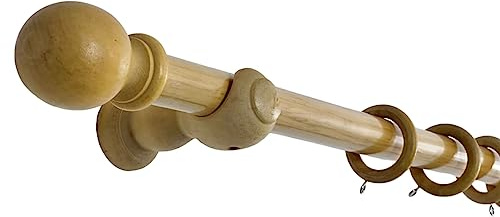 AQS INTERNATIONAL - 28mm Large Wooden Curtain Pole Rod - Fixed Length, Classic Finials & Rings Set Home, Kitchen, Living Room, Office, Door Window Curtain Poles Rail (Natural 150cm(59''))