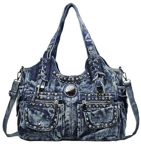 Alice Fan Denim-Tasche für Damen Hobo-Tasche Jeans-Tasche großes Fassungsvermögen lässig mehrere Taschen Schultertasche (Blau mit Niete)
