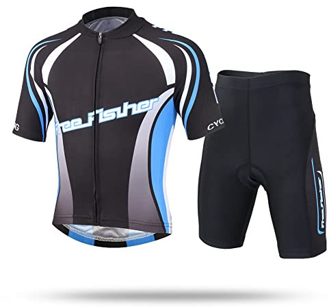 LCIGIA Kinder Fahrrad Trikot Set Jungen Radtrikot Schnell Trocknend Fahrradtrikot Mädchen Atmungsaktiv Kurzarmtrikot + Kurz Radhose mit 3D Sitzpolster, Blau+Schwarz, 152-158