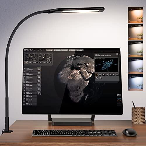 LASTAR SchreibtischLampe LED Klemmbar 12W Tischlampe Schwanenhals Dimmbar Tischlampe mit 5 Farbmodi*4 Helligkeitsstufen, Berührungssteuerung and Memory-Funktion für Büro, Leser, schwarz
