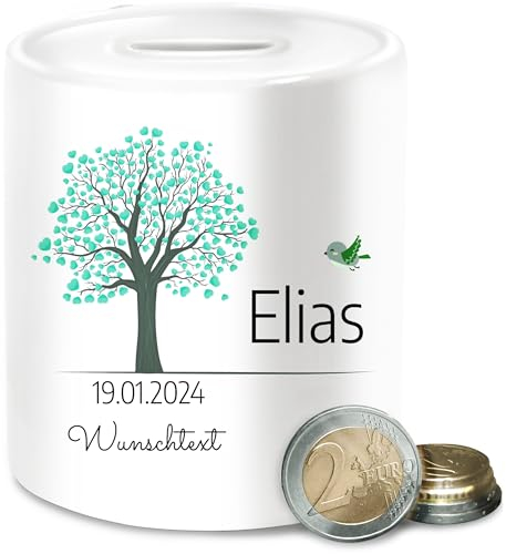 Spardose - Lebensbaum Geburt I Taufe Geschenk Kommunion I Datum - Unisize - Weiß - firmung Geschenke Jungen konfirmationsgeschenke konfirmation konfirmations sparbüchse komunionsgeschenk