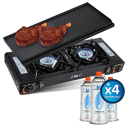 Z.M.C Premium Camping Gaskocher 2-flammig + Grillplatte + 4 Gaskartuschen 227g, Campingkocher mit Transportkoffer für Outdoor und Innenraum, Balkon Tisch Doppelgaskocher mit Piezozündung