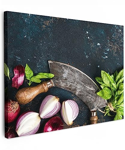 MuchoWow© Impression sur Toile Decoration Murale Peinture 70x50 cm Tableaux Decoratifs Muraux Déco Chambre Tableau Salon Légumes - Herbes - Couteau à berceau - Oignon - Epices - Rustique
