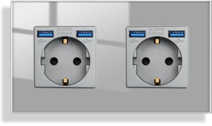 JIMEIDA Doppelsteckdose Glas mit USB in Grau Unterputz,2 Fach 16Amp Steckdosen mit 2 USB A max.2.1A,157 * 86mm,250V