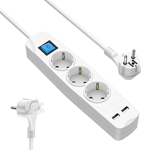 RedStar24 Steckdosenleiste 5m 3-Fach mit USB | Mehrfachsteckdose mit Flachstecker & Schalter | Mehrfachstecker mit Wandmontage | Steckerleiste mit flachem Winkelstecker | Steckdose Weiß
