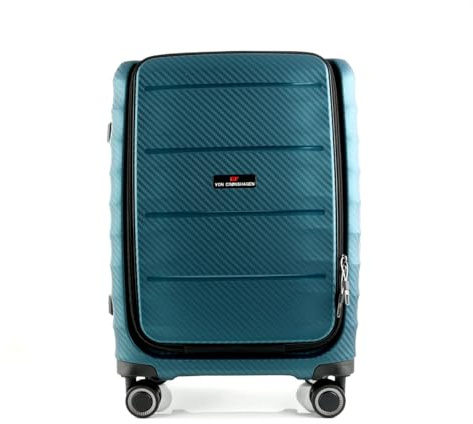 Von Cronshagen Reisetrolley Balto | Stabiler Hartschalen Koffer in verschiedenen Größen | 4 leichtlaufende Doppelrollen | 3-stelliges TSA-Zahlenschloss (Green, S- Handgepäck Vortasche 55cm)