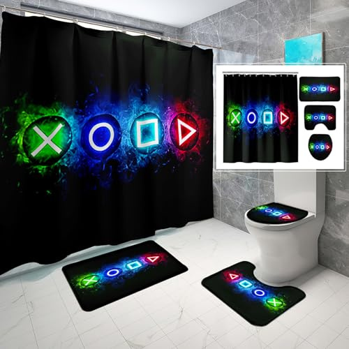 kodhyvj 4-teiliges Gamer-Duschvorhänge für Badezimmer – Gaming-Duschvorhang für Jungen, Badezimmer-Set, Videospiel, Kinder, Duschvorhang-Set mit Vorhang, Teppich, WC-Abdeckung, U-förmiger Matte und 12
