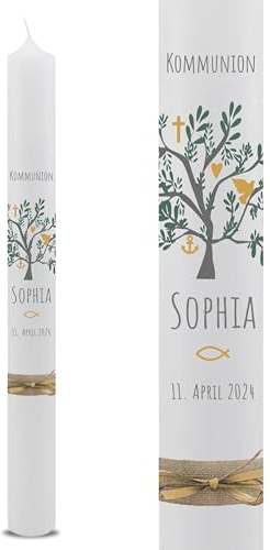VILLA ROSA LOTTA – Personalisierbare Kommunionkerze Taufkerze „Sophia“ mit Wunschdaten und Rückseite | Lebensbaum Motiv | 40 cm x 4 cm | für Jungen und Mädchen | Altarkerze elfenbein