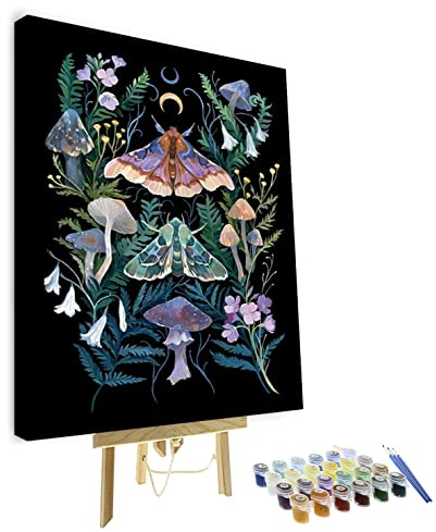TISHIRON Kit de peinture par numéro pour adultes débutants, Motif DIY Kits de peinture par numéro pour adultes et enfants, Champignon et feuille Peinture à l'huile sur toile fait main Cadeaux