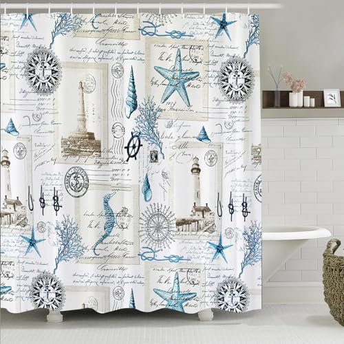 Simpomsy Nautical Shower Curtain Sailboat Compass Anchor Bathroom Curtain Waterproof Mildew & Mould Resistant Polyester Fabric Bath Curtain with 12 Hooks 180x180cm