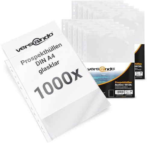 versando 1.000x A4 Prospekthüllen Business mit Heftrand Klarsichthüllen | glasklar transparent 60my (10x 100 Stück)