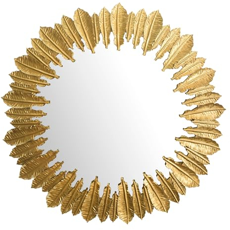 FineBuy Wandspiegel Federn 68 cm Metall Design Hängespiegel Gold, Eisen Dekospiegel Rund, Spiegel Wand Groß, Flurspiegel Garderobenspiegel Modern