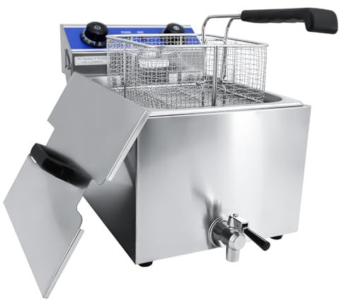 TAIMIKO Electric Fryer Deep Fryer Commercial Stainless Steel Tank With Lid Easy Clean Home &Commercial Use Countertop Kitchen Fat Fryer Frying Machine for French Fries UK plug (Single Tank,6L,Timer)