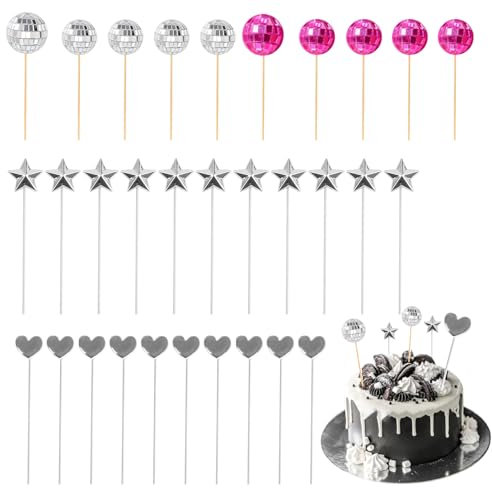 30 Pcs Disco Ball Cake Topper, Happy Birthday Cupcake Glitter for Disco Theme 70'S Party Supplies