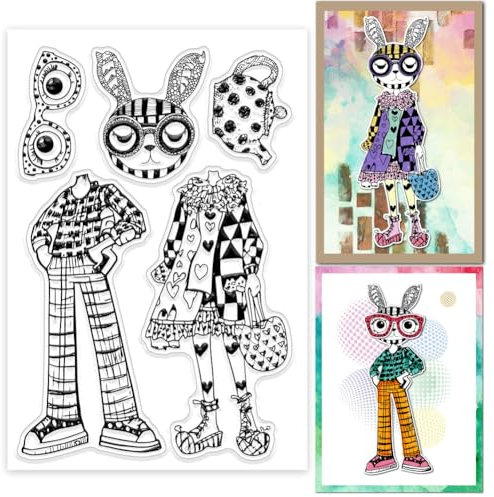 GLOBLELAND Funny Bunny Clear Stamps Clothes Glasses Feder Silicone Silikonstempel Seals Teapot Transparent Stamps for DIY Scrapbooking Cards Making Photo Album Journal