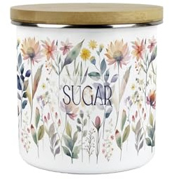 Purely Home Pastel Flowers Sugar Storage Canister - Pretty Watercolour Floral Homewares Gifts - White Metal Enamel Medium Sized Kitchen Food/Drinks Storage Container