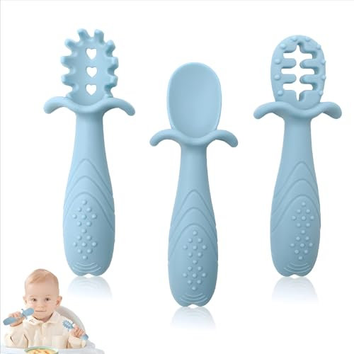 SoeUyd 3 Pieces Cuillère Apprentissage Bébé, Cuillere Bebe Apprentissage, Cuillere Bebe 1er Age, S'adapte À la Taille de la Petite Main de Bébé, Convient À L'apprentissage Complémentaire de Bébé