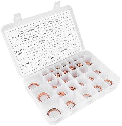 570-teiliges Kupfer-Unterlegscheiben-Set mit Flachen Ringen in 30 Größen und Kunststoffbox